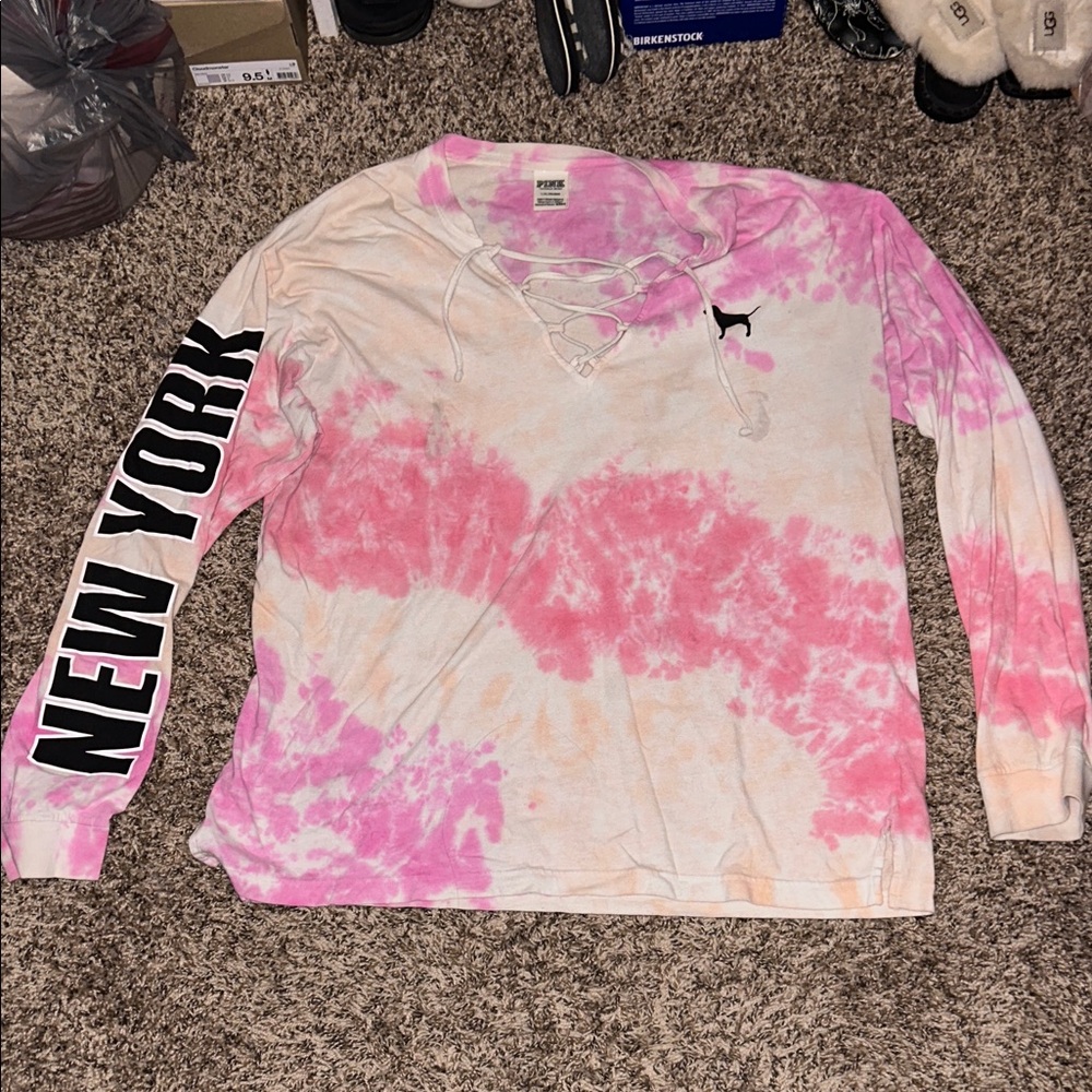 PINK Victoria's Secret Pink and Cream Lace-Up Top